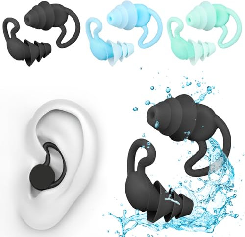Schwimm-Ohrstöpsel, 3 Paar wasserdichte, wiederverwendbare Schwimm-Ohrstöpsel aus Silikon für Kinder über 10 Jahre und erwachsene Männer und Frauen, können zum Surfen, Tauchen (Blau/Grün/Schwarz)