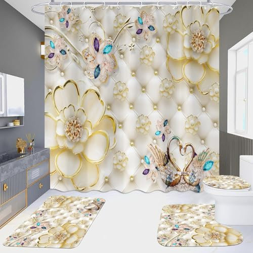 Duschvorhang Goldene Blume Lila Badezimmermatte Verdickung Bad Teppiche Set, Duschvorhang Stoff+Bath Mat rutschfeste(50x80cm)+U-Typ Fußmatte Wasseraufnahme+Toilette Badmatte