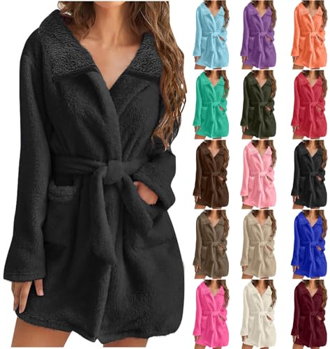 Ladies Dressing Gown Soft Plush Bath Robe for Women Housecoat Fleece Loungewear Fluffy Bathrobe Short Robe Winter Warm Cozy Bath Robe Nightwear Thick Nightgown with Pocket Gifts for Her Black