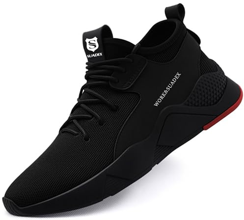SUADEX Mens Womens Steel Toe Cap Trainers Lightweight Puncture Resistant Safety Shoes Non Slip Work Shoes (B Black UK Size 9.5)