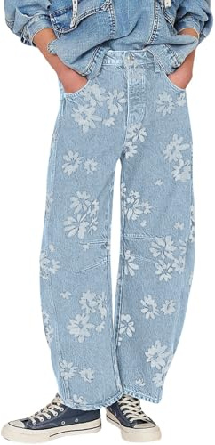 loveimgs Women Y2k Distressed Barrel Jeans Baggy Wide Leg Jeans Floral Printed Boyfriend Patchwork Denim Pants (Large,Light Blue)