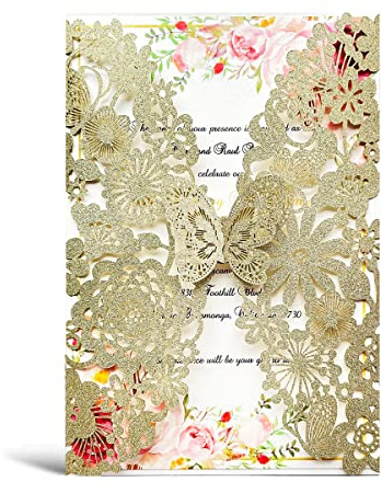 Hosmsua - Confezione da 20 biglietti di invito per matrimoni in oro champagne con glitter tagliati al laser, con farfalle, pizzo floreale e buste, ideali per diciottesimi, fidanzamento, compleanni