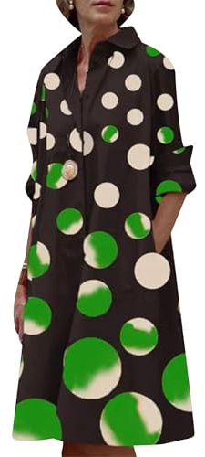 OMZIN Revers Col V Robe pour Femme Lâche Bouton Manches Longues Imprimé Robe Midi Sacs Dots Vert XXL