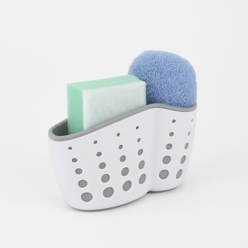Kitchen Sink Tap Basket adjustable – Durable Hanging Organizer for Sponge, Soap & Scrubber – Sink Caddy Non-Slip Strap, Drain Holes for Fast Drying, Rust-Resistant Grey Sponge Holder