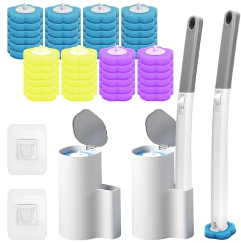 Disposable Toilet Brush 2 Pack Toilet Brush Disposable with 48 Replacement Sponge Brush Heads and Holder, Quickly and Hygiene Clean Toilets, Showers and Sinks, Bathroom Cleaning, Sink, Bathtub (48)