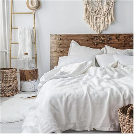 Generico Set piumini, Set di biancheria da letto 100% lino 3 pezzi Copripiumino king size traspirante in lino naturale e copripiumino Compatible with federe(White,King)