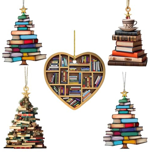 5 Pack Christmas Tree Ornaments, Christmas Ornaments For Book Lovers, Animals Stacked Ornament Hanging Gift Decorations for Christmas Tree (Book)