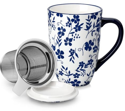vancasso SELENE Porcelain Tea Mug, 18 oz Porcelain Tea Cup with Infuser and Lid Steeps Loose Leaf Tea, Microwave & Dishwasher Safe, Five-Leaf Clover