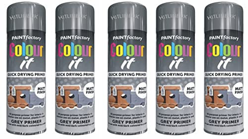 HitlineUK 5 x COLOUR-IT PRIMER GREY MATT SPRAY PAINT PLASTIC METAL WOOD 250ML