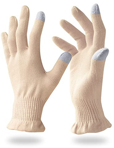 Migliore Wear 2 pares de guantes de algodón para eccema con dedos de pantalla táctil, guantes hidratantes para manos secas, spa, cuidado de manos, guantes de eccema para adultos (arena beige, S/M)