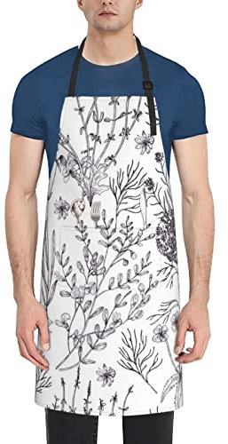 ZOBOTA Grembiule stampato Gif a spirale con le tasche, grembiule da cucina regolabile, grembiule da cucina per la cottura alla griglia, Erbe da fiore ed Erbacee, taglia unica
