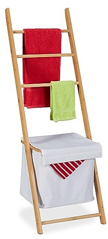 Relaxdays Handtuchhalter, entnehmbarer Wäschekorb, 3 Stangen, HBT: 140 x 45 x 34 cm, Bambus Handtuchleiter, natur/ weiß