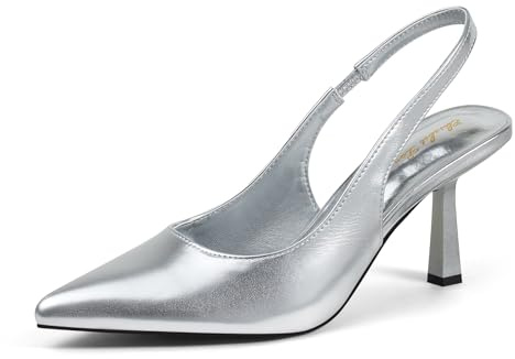 Zhabtuc Sandali con Tacco per Donna, Tacco Stiletto 8 cm Punta Chiusa, Scarpe con Cinturino Elastico, Décolleté Eleganti per Sposa e Festa, Argento, 39 EU