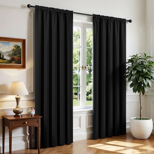 CUCRAF Black Blackout Curtains 96 inch Length 2 Panels Set, Rod Pocket Room Darkening Drapes for Bedroom Living Room, Insulated Thermal Light Blocking Window Curtain (W52 x L96 Inch)