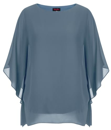 Hanna Nikole Chemisier Femmes Grandes Tailles Chiffon Élégant Chemise Manches Chauve-souris Tops Double Couche Ample Chemise Longue, Gris/bleu, 44 grande taille