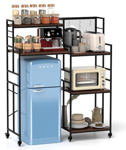 mosegor Küchenregal auf Rollen, Verstellbare Standregal mit 5 Ablagen, Mikrowellenregal mit S-Haken, Kühlschranktisch aus Holz und Metal, für Küche, Arbeitszimmer, Büro, 104,5 x 40 x 122 cm