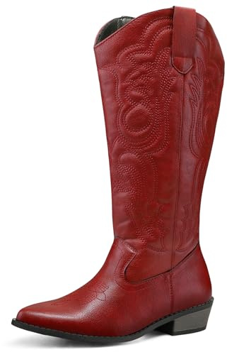 mysoft Women's Wide Calf Cowboy Boots Pull on Cowgirl Embroidered Mid Calf Pointed Toe Chunky Heel Western Boots