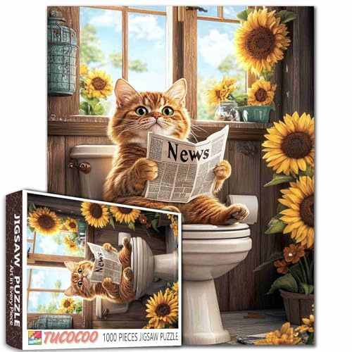 Tucocoo Puzzle Chat Mignon de 1 000 Pièces - Animal Assis sur les Toilettes - Pour Adultes, Chaton, Tournesol, Art Rustique pour Jeu d'Activités Familiales - Bricolage - Décoration