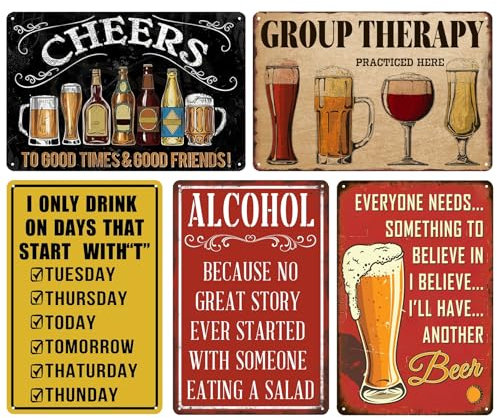 Vintage Metal Tin Sign for Home Bar & Man Cave - Retro Pub Wall Decor with Funny Beer & Alcohol Designs - Rustic Metal Plaque for Garden Shed & Indoor Decor 20 x 30 cm（5pcs）