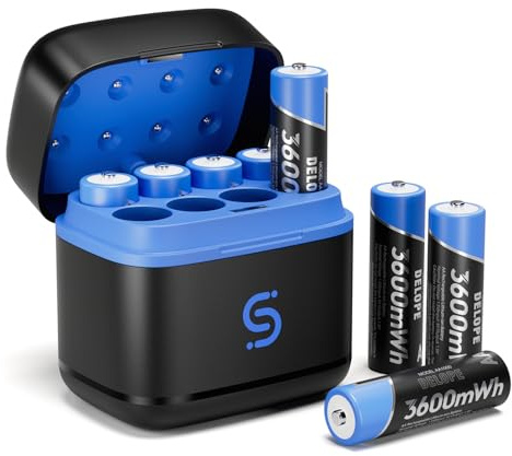 8Pack wiederaufladbare Lithium-Batterien mit Schnellladegerät 3600 mWh hohe Kapazität 1500 Ladezyklen AA-Batterie 5 V 3 A Schnellladung für NiMH- und Lithium-Batterien, Typ C-Eingang