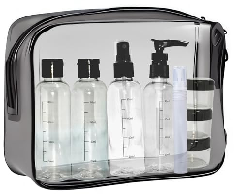Neceser de Viaje Transparente con Botellas de 100 ml,Bolsa Vuelo para Cosméticos & 8 Botellas Botes de Viaje Vacios,Kit de Avion Botes Rellenables Viaje para Champú, Gel,Crema, Loción