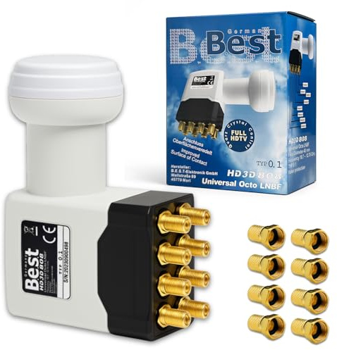 Octo LNB Satellite LNC Head for 8 Subscribers - Direct Connection, LTE Protected, Full HD / 3D / 4K UHD, Gold-Plated Connectors, Weather Protection, White/Black + 8x Gold-Plated F-Connectors