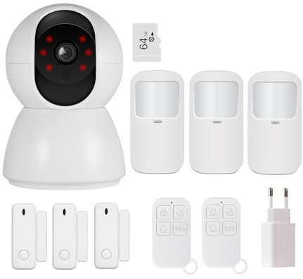 TOWODE Système de sécurité domestique 2 en 1 : caméra de surveillance pan-tilt Smart IOT (355°/90°), avec alarme en temps réel et capteurs de fenêtre de porte, ainsi que compatibilité Alexa et Tuya