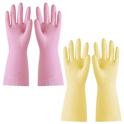 2 Paar Wiederverwendbare Haushaltshandschuhe, Spülhandschuhe für das Abwaschen, Wasserdichte Spülhandschuhe für Küche und Bad (Gelb, Rosa)