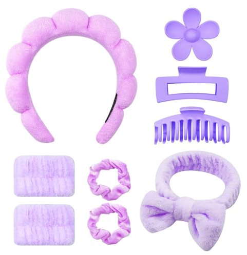 CBMZHF 9 st spa-pannband för tvätt ansikte armband, spa rosett pannband set, multifunktionellt makeup pannband, mjukt halkskydd hårband för vardagen hudvård ansiktspresent (lila)