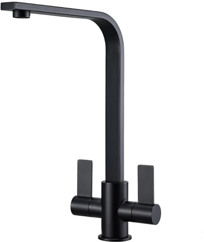 Hapilife Black Kitchen Tap Dual Lever with Modern L-Shape Spout Single Hole | Solid 304 Stainless Steel Kitchen Sink Mixer Taps, 33CM Monobloc Free 360° Swivel Under Top Cabinets, Easy DIY Install Tap
