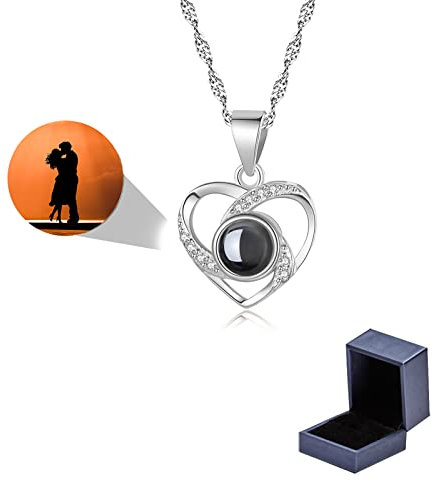 LLKCHQD Personalized Photo Projection Necklace, 925 Sterling Silver Projection Photo Necklace Custom Gift I Love You 100 Languages Pendant Jewelry Gifts Women Girls,Silver