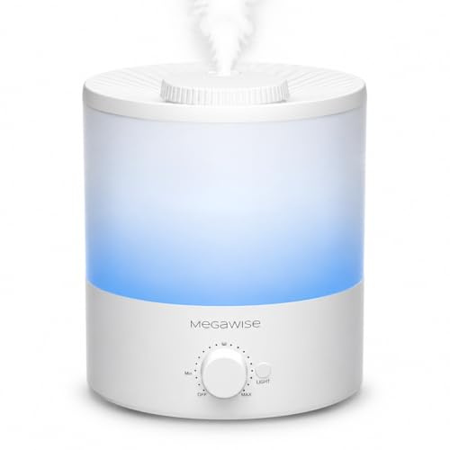 MEGAWISE 1,5 L cool dimluftfuktare för sovrum, hem, kontor och växter, diffusor för eteriska oljor med justerbar dimutgång, 25 dB tyst ultraljud, upp till 10 timmar, lätt att rengöra