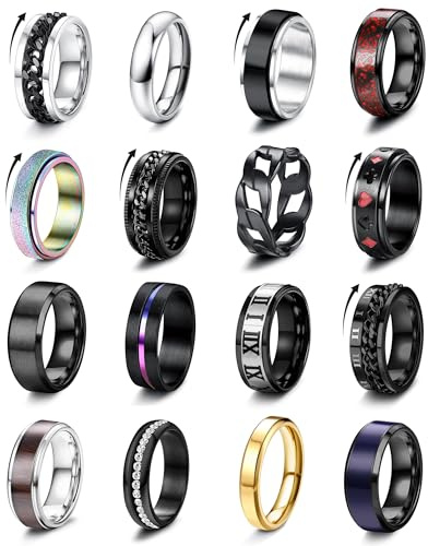 Besteel 16Pcs Stainless Steel Fidget Rings for Men Women Non Tarnish - Anxiety Relief Smooth Black Spinner Ring Set Mens Wedding Band Daily Engagement Promise Rings Jewelry Gift Comfort Fit Size 9