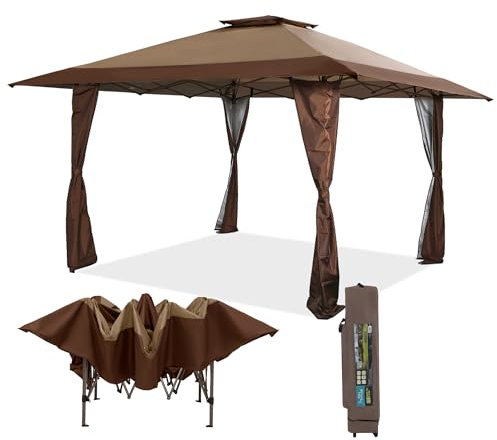 Tienda de campaña desplegable de 13 x 13 pies, toldo comercial portátil para patio al aire libre, patas rectas resistentes con bolsa enrollable, 8 estacas, 4 cuerdas tensoras, UPF50+, marrón, Sophia &