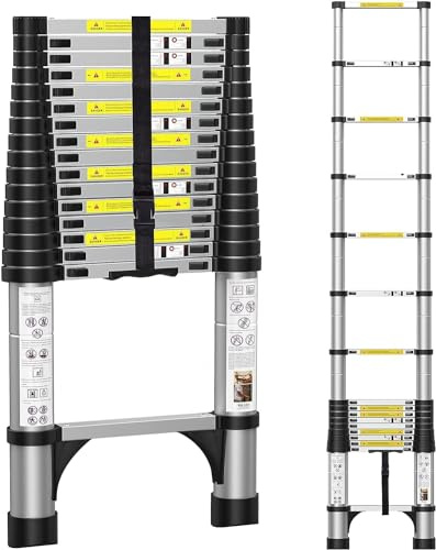 BOWEITI 16.5FT Telescoping Ladder, Portable Aluminum Extension Ladder w/Stabilizers, Lightweight Compact Telescopic Ladders 330lbs Capacity, Extension Ladder for Home, Outdoor (16.5FT,Silvery)