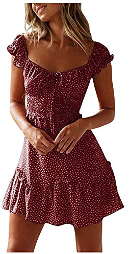 Miniklänning dam, elegant, kort blommig klänning, flicka, rynkad buss, korsett A-linje, klänning, Low Cut Swing volangfåll, strandklänning, festklänning, semesterklänning, fritidsklänningar, mini,