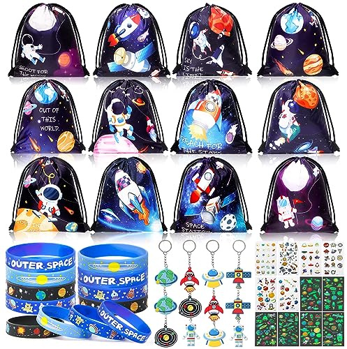 Tacobear Gadget Compleanno Bambini 48 Pezzi, Kit Bomboniere Festa Tema Spazio, Regalini Compleanno Invitati con Sacchetti Regalo Zaino Coulisse, Braccialetti Silicone, Portachiavi e Tatuaggi