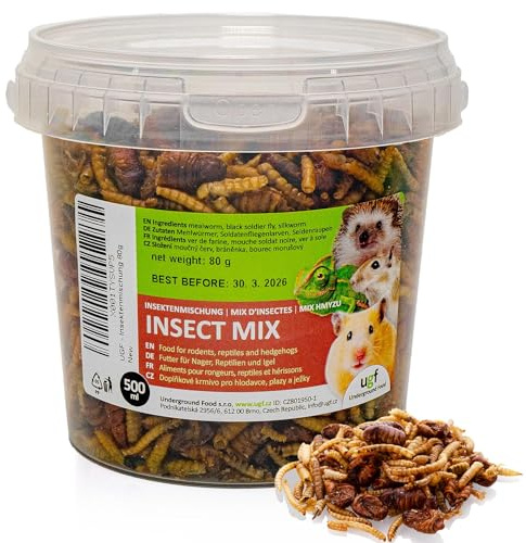 UGF - Mezcla de Insectos - 80 g en un Cubo de 500 ml, alimento para erizos, jerbos, hámsteres, Ratas y lagartos - Gusanos de la harina, Larvas de Mosca Soldado Negra, Gusanos de Seda