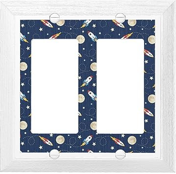 Rocket In Space Print Wall Plate,Wood Grain Double Switch Trim Siding,Plate Covers For Kitchen Bedroom Farmhouse Bathroom With Screws 4.9 X 4.9