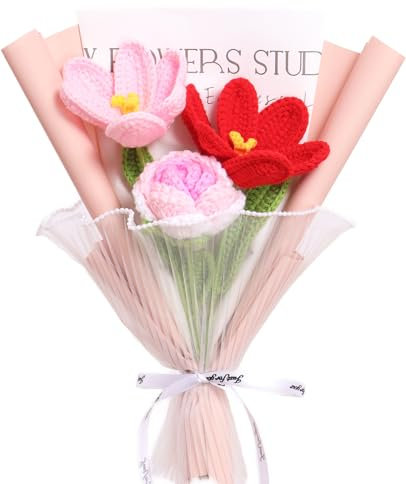YOFANUP Crochet Flowers, Finished Handmade Crocheted Flowers, Crochet Flower Bouquet, Pink Roses,Tulip, Preserved Flower for Mothers Day, Valentines Day, Birthday