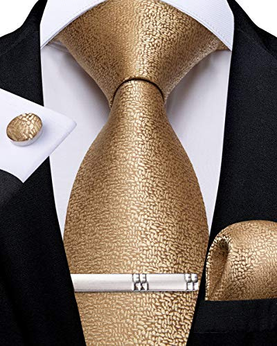 DiBanGu Cravate unie pour homme - Cravate formelle en soie et mouchoir de poche - Boutons de manchette - Pince à cravate - Ensemble pour mariage et fête, or, taille unique