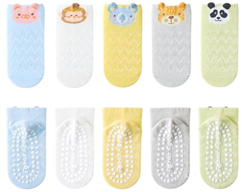 Silkglory Chaussette Antiderapante Bebe,5 Paires Sans Couture de Motifs d'animaux Mignons Coton Chaude Chaussettes Antidérapantes Enfant 6-8 Ans