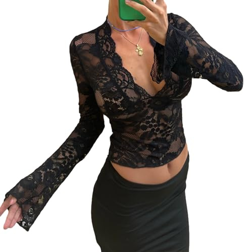 Nicoxijia Women Y2k Lace Long Sleeve Crop Tops Sexy Sheer See Through T Shirts Slim Fit Low Cut Floral Embroidery Blouse Top (Black, S)
