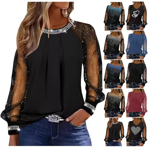 Women Black Long Shirts Shiny Sequin Shirts Glitter Sexy Graphic Tees Mesh Tops Print T-Shirt Casual Cold Loose Long Sleeve Tops Fashion Off Shoulder Party Blouse (02-Black, M)