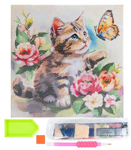 Ideen mit Herz Diamond-Painting-motivduk på kilram | 30 cm x 30 cm | Set inkl. verktyg (katt med fjäril)