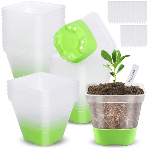 BBLTIFF Macetas para siembra, 8 cm, 24 piezas, cucharón con base de silicona y 24 etiquetas de plantas, macetas de vivero, plástico reutilizables cuadrado, maceta para siembra interior y exterior