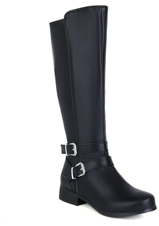 HQINGAXU Femme Bottes Hautes Bout Rond Marron Talon Chunky Bottes De Chevalier Hiver Cuir Mi-Mollet Bottes Largeur Ajustable Talon Haut Boucle Bottes De Moto L'extérieur Soirées,Noir,44 EU