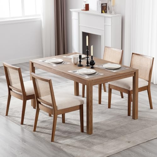 DAYALANE Mid-Century Dining Chairs Set of 4, Rattan Chair with Backrest and Upholstered Linen Seat, Wood Accent chairs for Dining Room Kitchen Living Room Beige