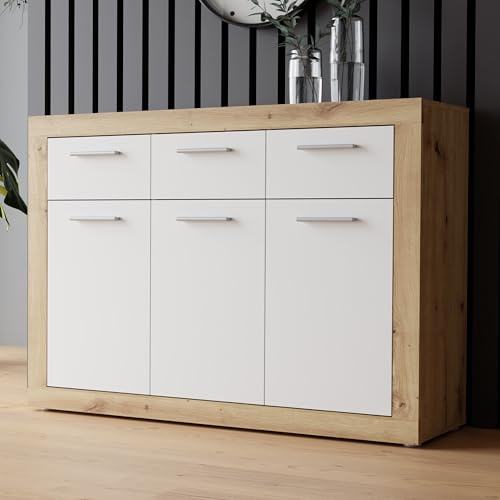 Forte BACCIO Kommode 110 120, Moderne Kommode für Wohn-/Schlafzimmer, 3-türig, 3 Schubladen, Holzwerkstoff, Artisan Eiche Holzdekor|Weiß, 117,9 cm breit x 91,5 cm hoch x 34 cm tief