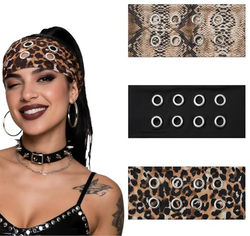 Vesavifaka 3 st mode genomföring breda pannband för kvinnor, ihåliga öljetter elastiska huvudband, Y2k flickor punk grunge stretchig håraccessoar (svart, ormskinn, leopard, 9,9 cm bred)